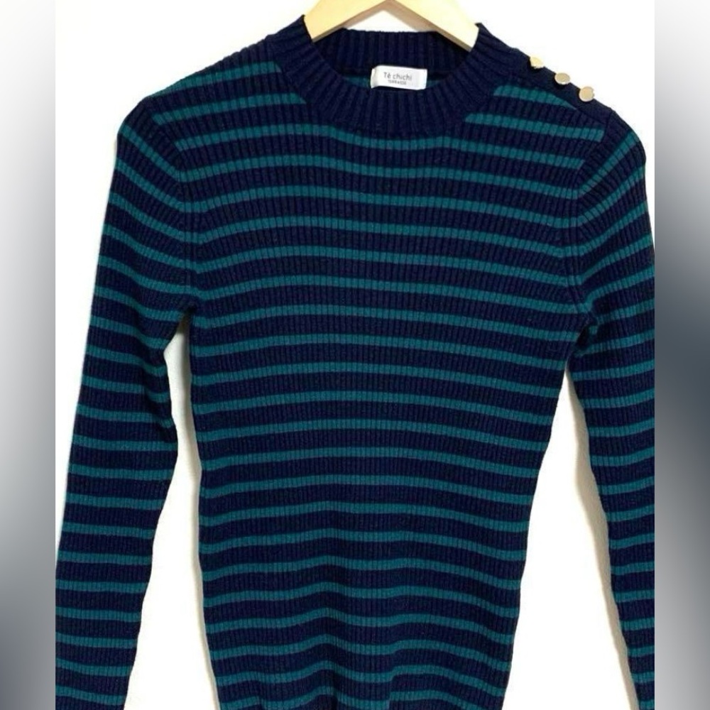Te chichi Terrasse Women's High-Neck Knit Sweater, Striped Green Blue NWT